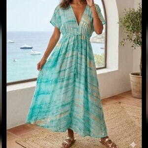 NWT Aqua Tie-Dye V-Neck Maxi Dress with Metallic Detail